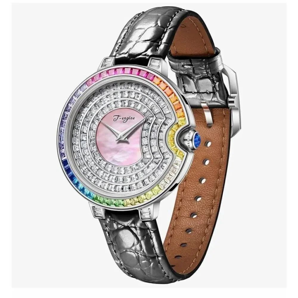 BNIB~Womens' T-Engine Luxury Diamond Inlay Genuine Leather Strap Watch